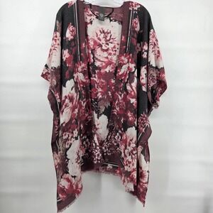 Vince Camuto Kimono Wrap O/S Burgundy Floral Boho Feminine Ruana Shawl